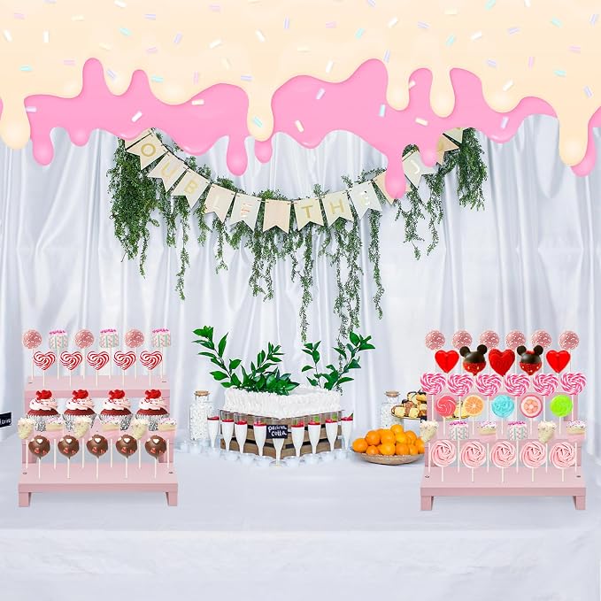 Wood Cake Pop Stands, 3 Tier Lollipop Holders with Twist Ties Lollipop Sticks, Sucker Display Riser for Dessert Table of Wedding Birthday Party (Pink-2P)