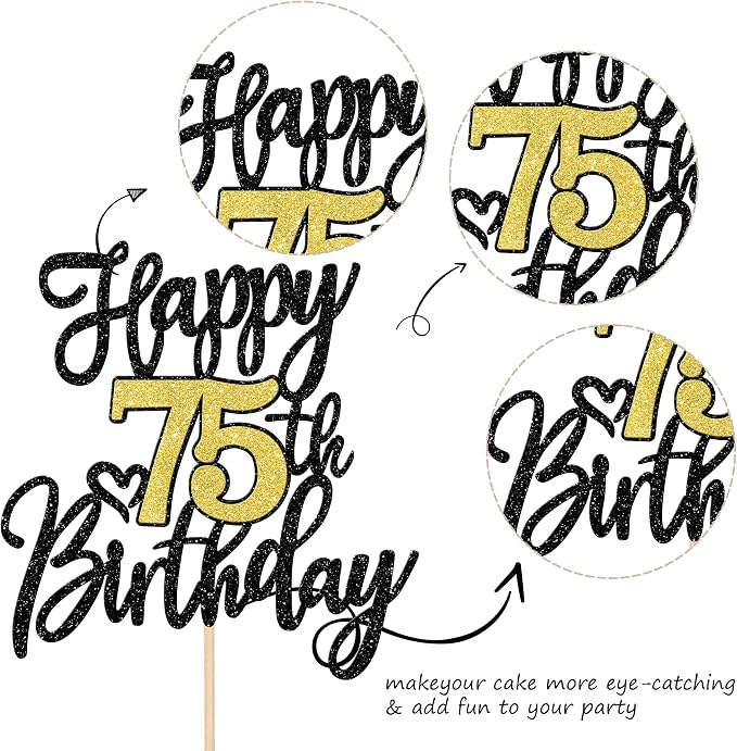 1 PCS Happy 75th Birthday Cake Topper Black Gold Glitter Cheers to 75 Years Birthday Cake Pick 75 Fabulous Cake Decoration for Happy 75th Birthday Anniversary Party Decorations Supplies