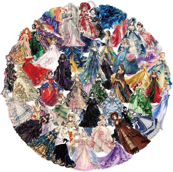 100Pcs Transparent PET Fairy Tale Princess Stickers Pack, Waterproof Vinyl Retro Watercolor Forest Fairy Decals for Skateboard Fridge Laptop Phone Luggage Princess Gown Stickers