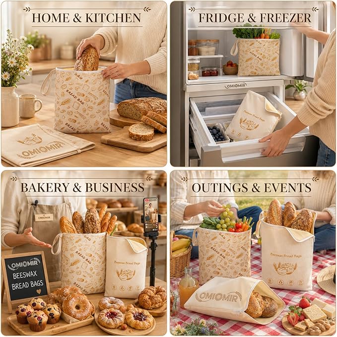 2-Pack XL Beeswax Bread Bags, 13"×17" Large Capacity, Natural Bees Wax & Cotton Re-usable Storage for Fresh Food, Home Baking & Sourdough Loaves, Easy-Access Wide Zipper Seal, Breathable Moisture Lock