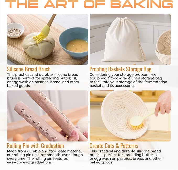Banneton Bread Proofing Basket Set, 9" Round & 10" Oval Bread Baskets with Liners, Sourdough Starter Kit, Bread Making Tools, Natural Rattan Proofing Bowls for Home Bakers