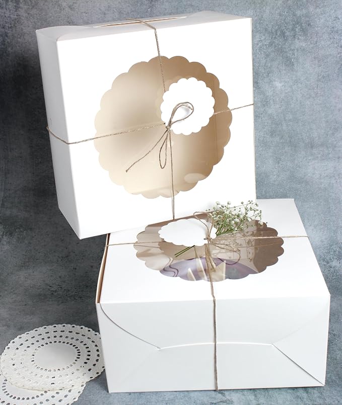 White Cake Boxes with Window (Pack of 10) - Bakery Boxes for Cakes, Brownies, Donuts, Cookies, Cupcakes, Chocolates, Desserts: Size 10x10x5 inches
