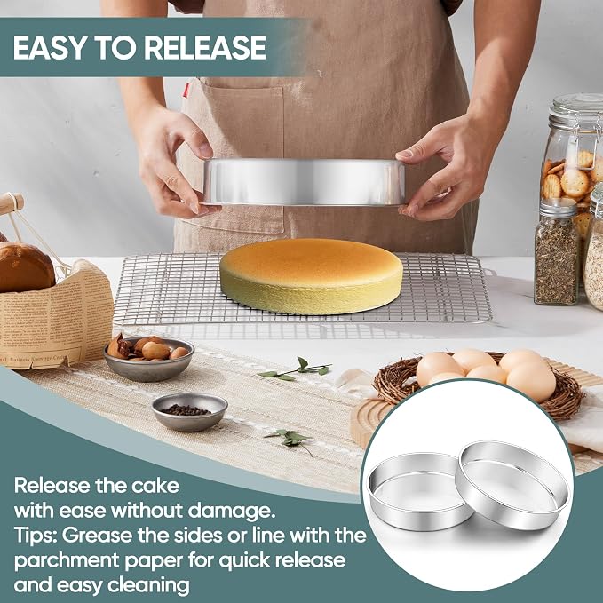 TeamFar 9 Inch Cake Pan, Stainless Steel Round Layer Cake Baking Pan Tin for Birthday Wedding, Non-Toxic & Heavy-Duty, Mirror Finish & Leak Proof, Oven & Dishwasher Safe