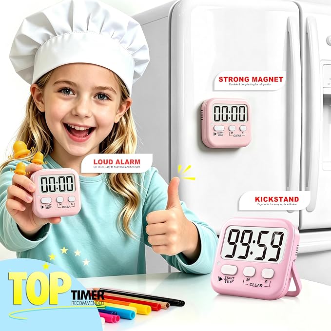 Antonki 2 Pack Digital Timer for Kids, Magnetic Countdown Kitchen Timers for Cooking, Egg, Classroom, Teacher, Exercise, Study, Oven - Battery Included