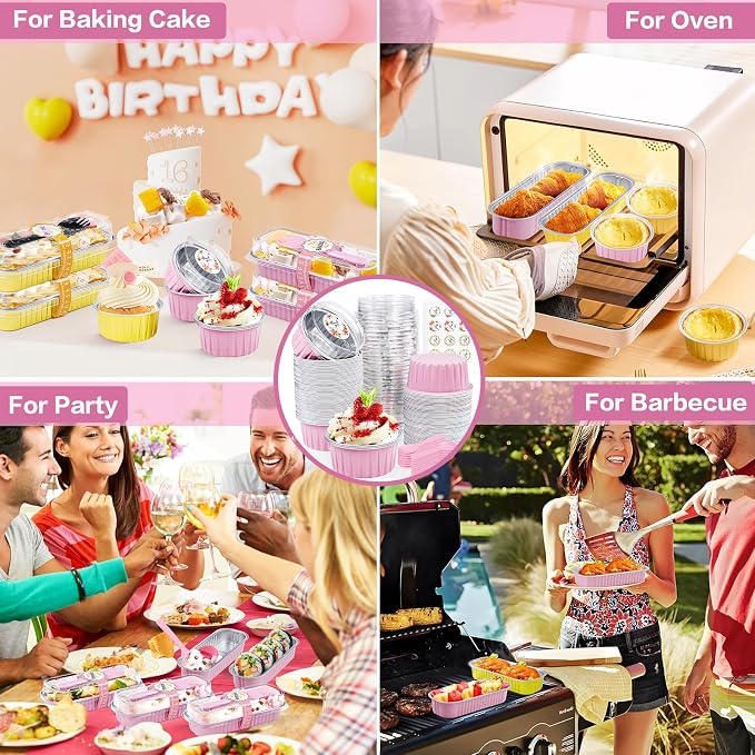 60Pcs Mini Cake Pans with Lids Aluminum Foil, ZOXILEN 5oz Disposable Mini Loaf pans with Lids and Spoons, Small Baking Cups Pie Tins Muffin Pan Cheesecake Containers for Party Pink Round