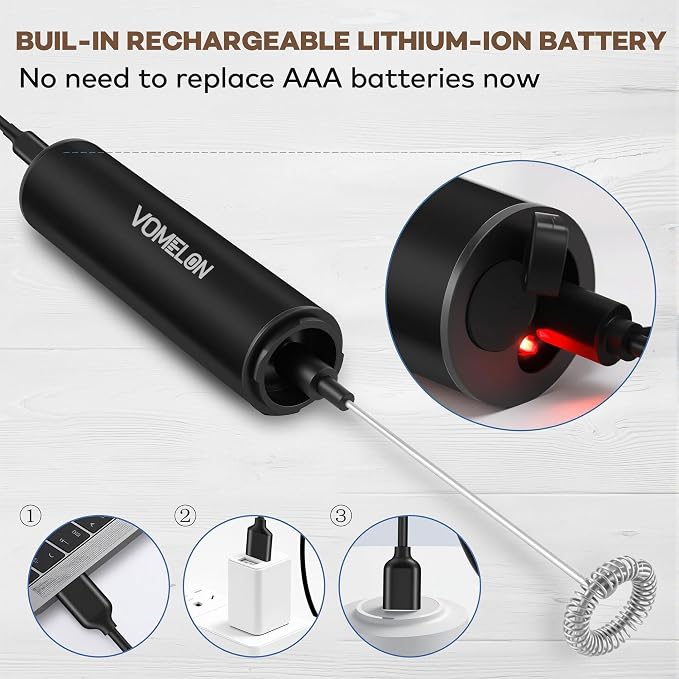 Rechargeable Milk Frother Handheld Electric Frother Wand Milk Foamer Drink Mixer for Coffee, Lattes, Cappuccino, and Egg, Stainless Steel for Travel-Black