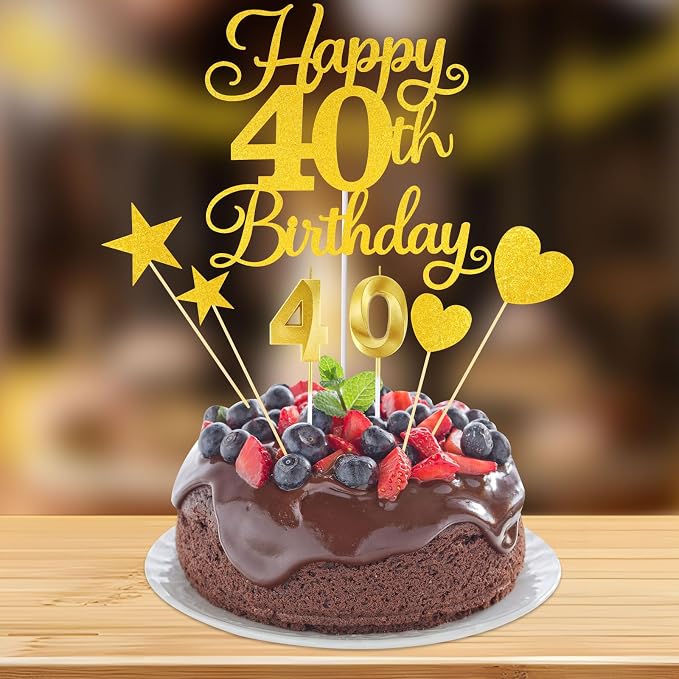 Happy 40th Birthday Cake Topper for 40th Birthday Decorations Numeral 40 Candle with Glitter Heart Cupcake Picks Set for Men Women Hello 40 Birthday Anniversary Party Cake Decor Supplies（GOLD）