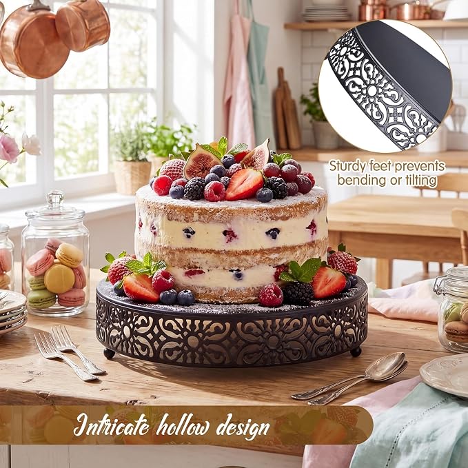 Wenqik 14 Inch Cake Stand Round Metal Cupcake Dessert Wedding Cake Stand Cookies Display Holder Fruit Food Serving Tray for Table Wedding Birthday Anniversary Party Decor (Black)