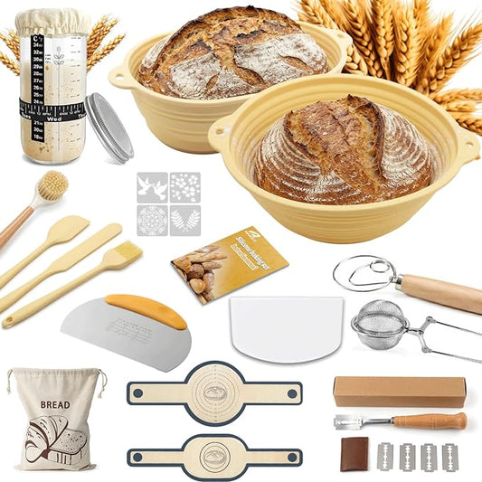 Sourdough Starter Kit, 28Pcs Sourdough Bread Baking Supplies, Sour Dough Bread Kit with 2 Silicone Banneton Bread Proofing Baskets, Sourdough Kit with Glass Starter Jar, Complete Bread Making tools