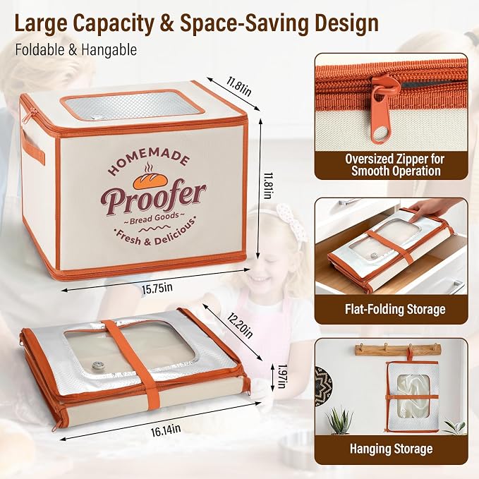 Foldable Bread Proofing Box, JOCXSPI 4-Sided Heating Dough Proofer for Sourdough Starter, 68–131°F Temp Control, 99H Timer, Metal Rack, Water Tray, Humidor for Pizza, Yogurt, Kombucha, Baking (Yellow)