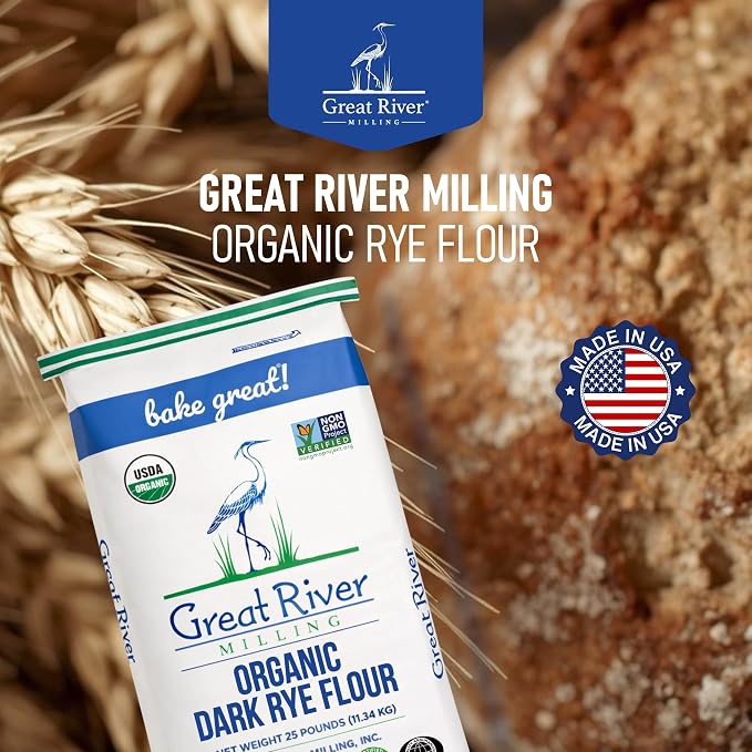 Great River Milling Organic Dark Rye Flour | Whole Grain, Non-GMO, Kosher, Unbromated | Earthy Flavor for Rye Bread, Sourdough Starter, Bagels, Crackers & Artisan Baking | 25 Lb