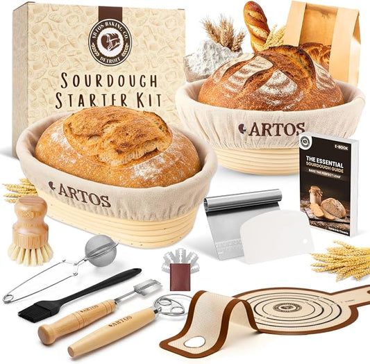 Sourdough Starter Kit | 9" Round & 10" Oval Banneton Bread Proofing Baskets | Sourdough Bread Baking Supplies with Silicone Sling Dough Whisk, Scrapers Lame, Detailed Guide & Recipes & more