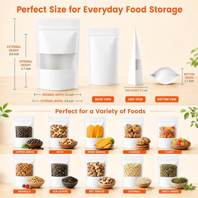 100 Pcs White Kraft Paper Bags with Window, 5.9" x 8.6" Stand Up Pouches Bags, Food Storage Bags for Packaging Products, Reusable, Sealable