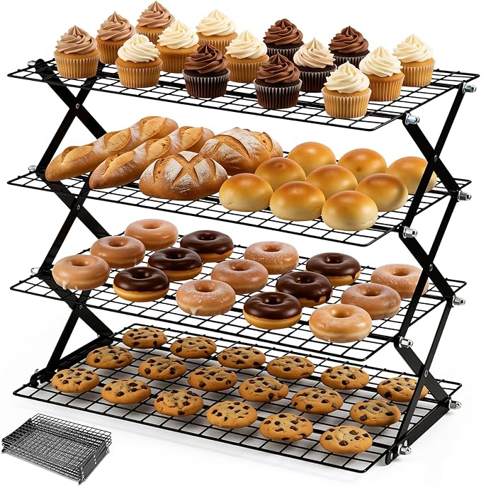 4 Tier Collapsible Cooling Rack - Upgraded Adjustable Heavy Duty Cooling Rack with 4 Setting Stackable Design - Space-Saving Folding Wire Bread Cookie Racks Cooling Baking Gifts for Women Black