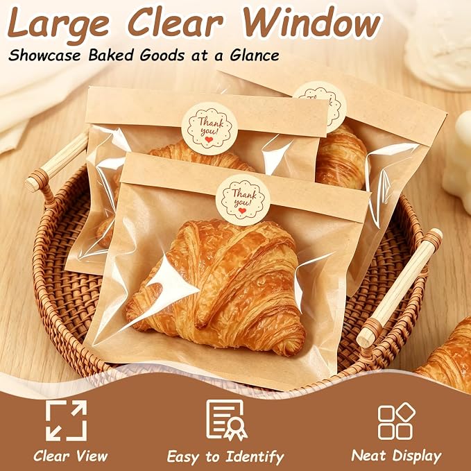 AgePlace 250 Pack Cookie Bags with Seal, 7.1 x 7.5 Inch Kraft Paper Bakery Bags with Window, Storage Box Included, Self Sealing & Grease Resistant Cookie Packaging for Donuts,Brownies,Scones & Muffins