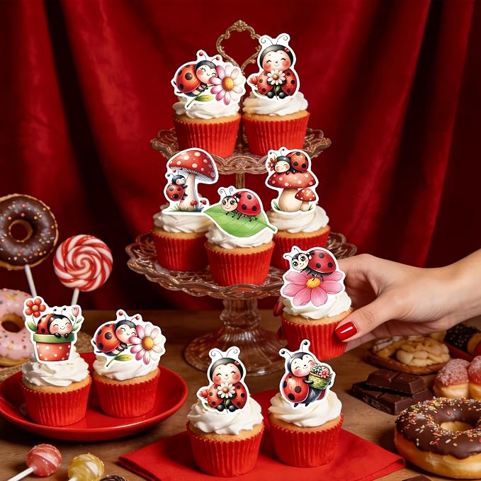 72PCS Edible Ladybug Cupcake Toppers Wafer Paper Flowers Insects Cake Decorations Picks for Baby Shower Kids Birthday Party Cake Decorations Supplies
