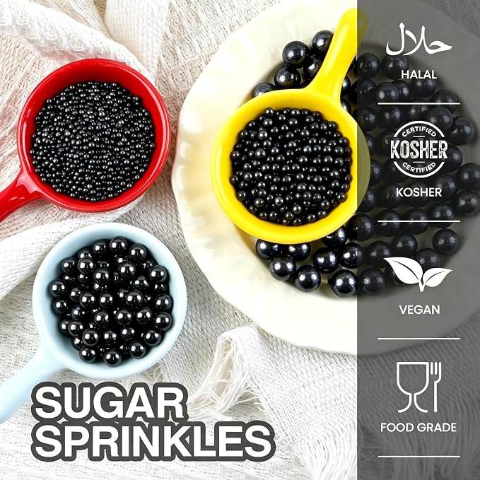 Black Edible Pearl Sprinkles for Cake Decorating, 160g/5.64oz, Sugar Pearls Sprinkles for Cupcake, Cookies, Baking Cake Decorations, 4 sizes, Party Holiday Supplies