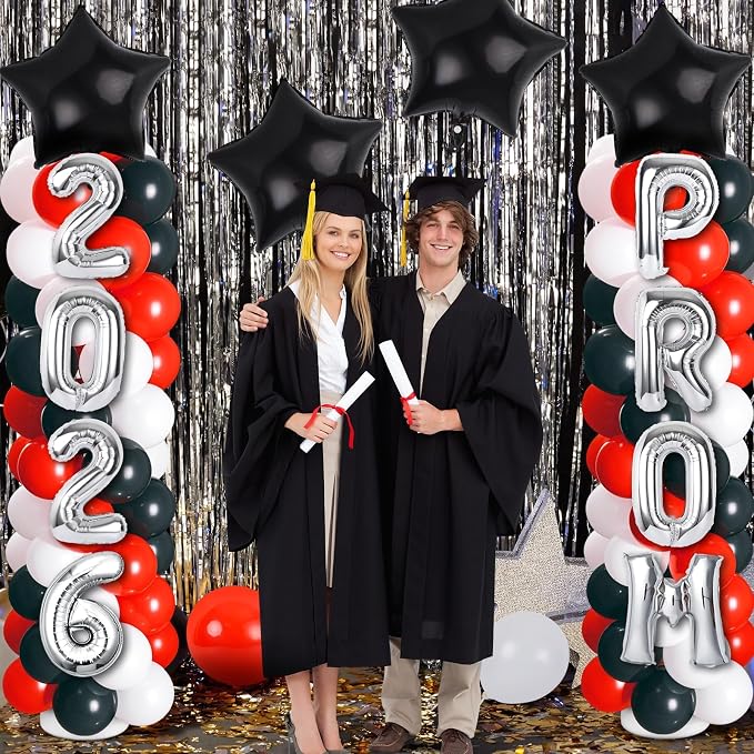 2 Sets Graduation Balloon Column Stand Kit with Balloons Prom Send off 2026 Grad Prom Themed Decoration Black Red Balloon Tower Stand for Floor Grad School & College Celebration Party Supplies