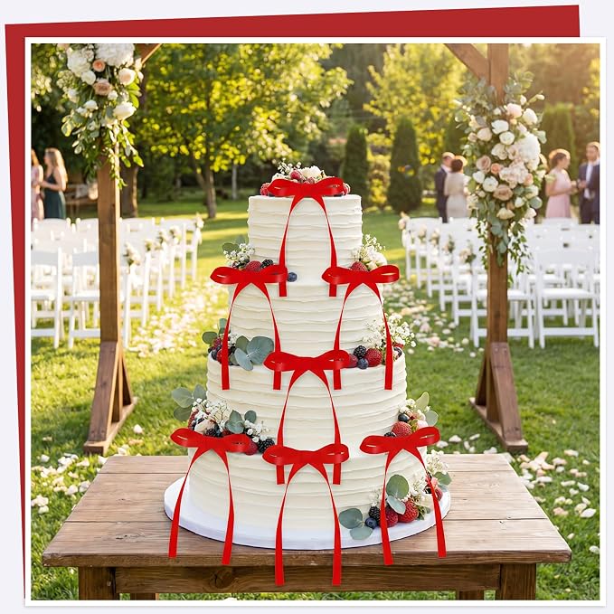 NatNarr 30 Pack Bow Cake Toppers Red Ribbon Bows for Cake Bow Cupcake Toppers Back to School Decorations Bow Birthday Decorations for Baby Shower, Wedding, Engagement, Bachelorette Party
