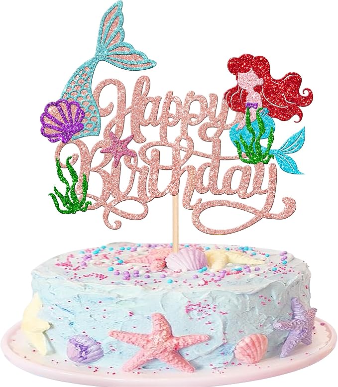 1 PCS Mermaid Cake Topper Glitter Mermaid Happy Birthday Cake Pick Starfish Seawood Seashells Mermaid Tail Cake Decoration for Under the Sea Theme Baby Shower Birthday Party Supplies Rose Gold