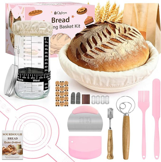 Beginner Sourdough Starter Kit, Sourdough Bread Baking Supplies, Bread Proofing Basket Set with Glass Sourdough Starter Jar, Sour Dough Bread Making Tools Kit Baking Gifts for Women Mom Wife