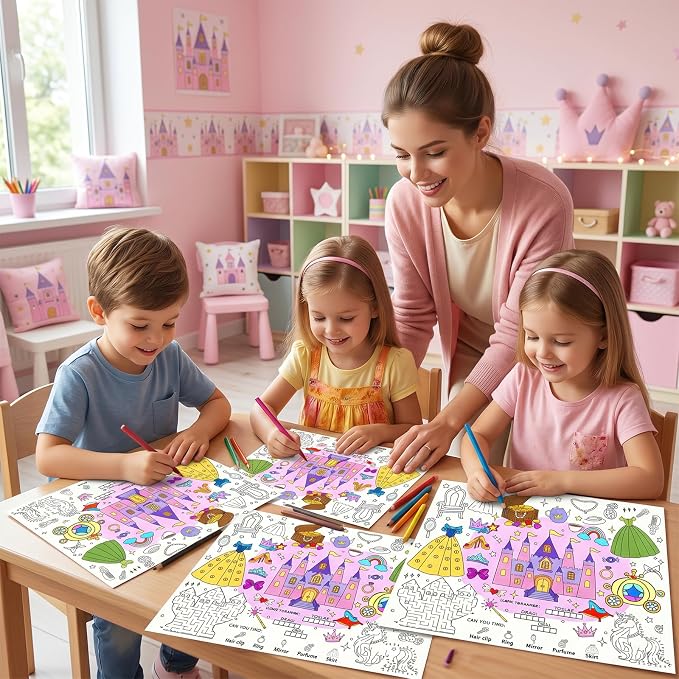 45pcs Princess Disposable Coloring Placemats Fairy Tale Crafts for Kids Birthday Party Favors Coloring Poster Castle Crown Unicorn Magic Tiara Activity Church Supplies Paper Table Mats