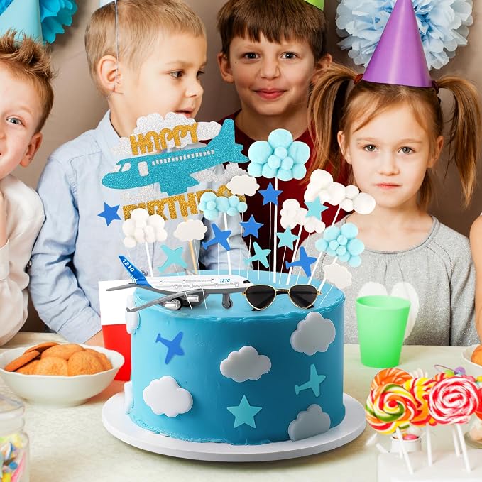 Hooqict 25Pcs Airplane Cake Decorations Set with Mini Plane, Blue White Cloud Happy Birthday Cake Toppers & Cupcake Toppers for Travel Themed Airplane Birthday Party Decorations Supplies
