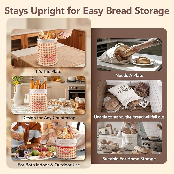 2 Pcs Reusable Sourdough Bread Bags for Homemade Bread Fresh Longer | Easy to Clean Tpu Liner, Perfect Standing Rounded Base, Adjustable Roll-Top, Portable Handle & Shoulder, Bakery Essentials