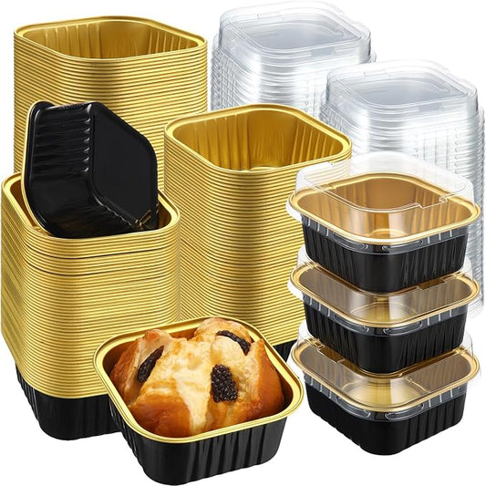 200 Pack 5 oz Mini Cake Pans with Lid, Aluminum Foil Mini Baking Tins, Square Disposable Cupcake Baking Cup Dessert Container for Wedding Birthday Party Picnic(Black, Classic)