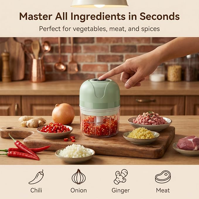 TaiWaggers Mini Electric Garlic Chopper, Dual-Cup Electric Mini Garlic Chopper,Portable Wireless Food Processor for Vegetables, Onion, Ginger, Chili, Meat – Rechargeable, Splash-Proof（Light Green）