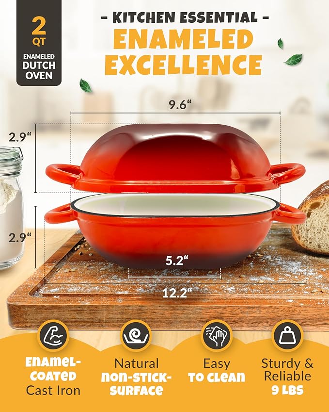 CRUSTLOVE Loaf Pan for Bread Baking - incl. Sourdough Bread-Baking Supplies like Banneton Bread-Proofing Basket - 2QT Enameled Oval Cast Iron Dutch Oven, Bread-Oven, Sour Dough Bread-Banking-Pan Tools