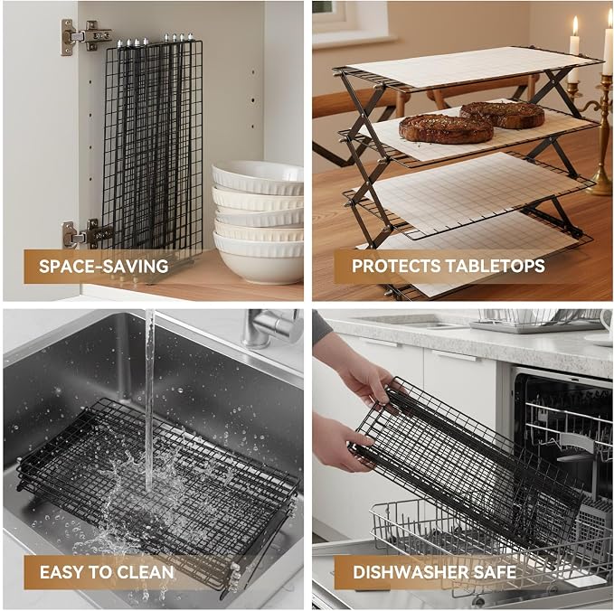 4 Tier Collapsible Cooling Rack, 3 Setting Design - Adjustable Stackable Cooling Racks for Cooking and Baking, Non-Stick Wire Rack with 20pcs Parchment Paper for Baking Cookies, Cakes, Bread, Pizza
