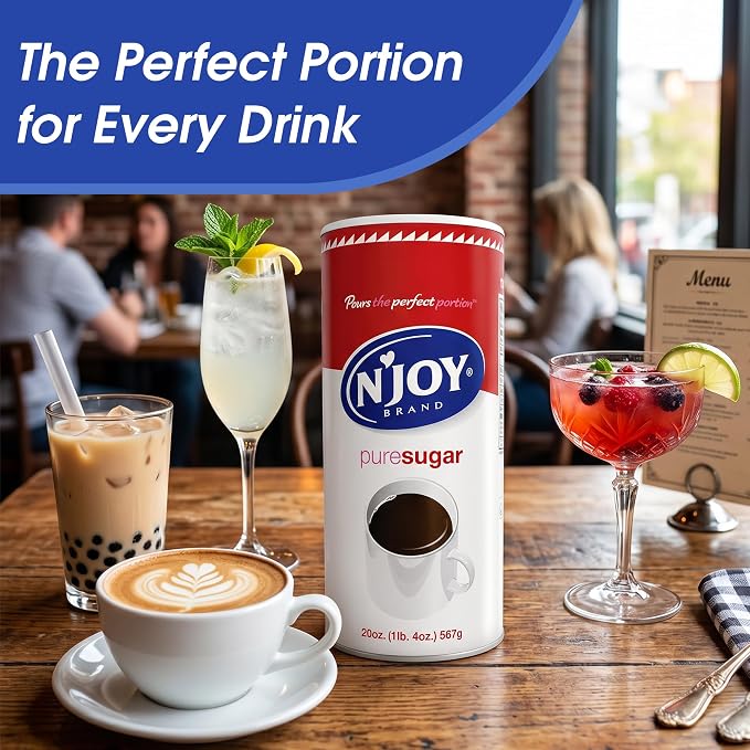 N'Joy Pure Sugar, Pack of 6 Canisters w/ EZ-Open Pour Spout (20 oz each) - Smooth Granulated Sugar for Coffee Bars, Cafes, Restaurants and Canister for Office - Shelf Stable & No Refrigeration Needed