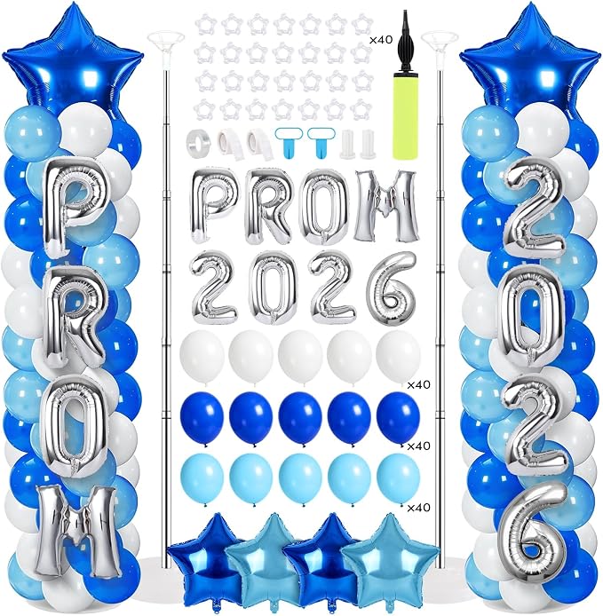 2 Sets Graduation Balloon Column Stand Kit with Balloons Prom Send off 2026 Grad Prom Themed Decor Sky Blue White Blue Balloon Tower Stand for Floor Grad School & College Celebration Party Supplies