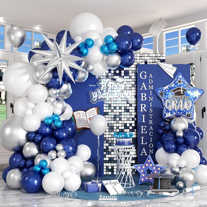 Blue Silver Graduation Balloon Arch, Blue Silver White Balloons Garland Kit, Star Foil Balloons Navy Metallic Blue Balloon For Graduation Birthday Anniversary Bachelorette Party Wedding Decorations