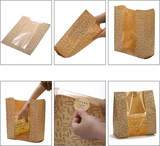 Hacaroa 100 Pack Paper Bread Bags with Clear Window, 10.8"x10"x4" Kraft Bakery Bag with 100 Stickers, Brown Toast Packaging Bags for Sourdough Bread, Cookie