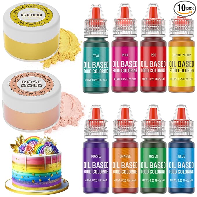 Luster Dust 2 Color & Oil Based Food Coloring for Chocolate 8 Color Set, Edible Food Dye and Shimmer Cake Dust Metallic Food Coloring Powder Glitter for Chocolate Candy Cake Decorating Baking Cookie