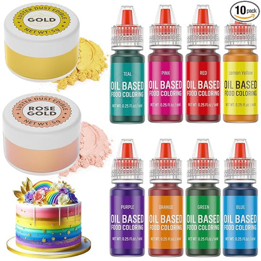 Luster Dust 2 Color & Oil Based Food Coloring for Chocolate 8 Color Set, Edible Food Dye and Shimmer Cake Dust Metallic Food Coloring Powder Glitter for Chocolate Candy Cake Decorating Baking Cookie