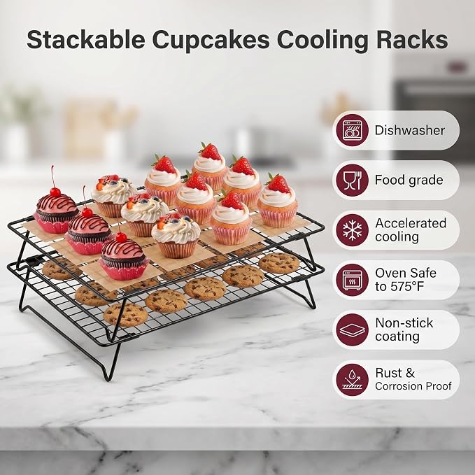 2 Pack Cooling Racks for Cooking and Baking, 13.4"x9.4" Nonstick Carbon Steel Wire Baking Rack, Foldable Cooling Racks for Cooking and Baking, 2-Tier Roasting and Drying Rack With 100 PCS Baking Paper | Foldable Legs,Stackable,Anti-slip,Smooth,Square g...