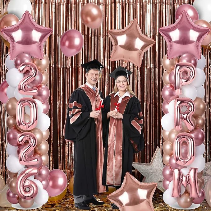 2 Sets Graduation Balloon Column Stand Kits with 132 PCS Rose Champagne Gold Latex Balloons 2026 Letters 6.5 Ft Adjustable Metal Tube Telescopic Tower Pillar with Base for Graduation Party Decoration