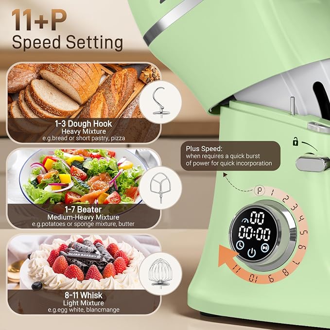 ZACME 7 Quart Stand Mixer Aluminum Die Casting, 650W 12 Speed Tilt-Head Kitchen Electric Stand Mixer, Household Food Mixer with Stainless Steel Bowl, Dough Hook, Whisk and Beater-Pistachio