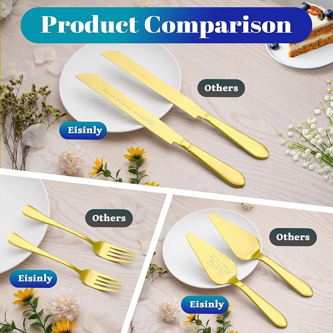 Eisinly Cake Cutting Set for Wedding, Elegant Cake Knife and Server Set with Stainless Steel Forks, Cake Cutter and Pie Spatula for Engagements, Anniversary, Bride and Groom, 4Pcs, Gold