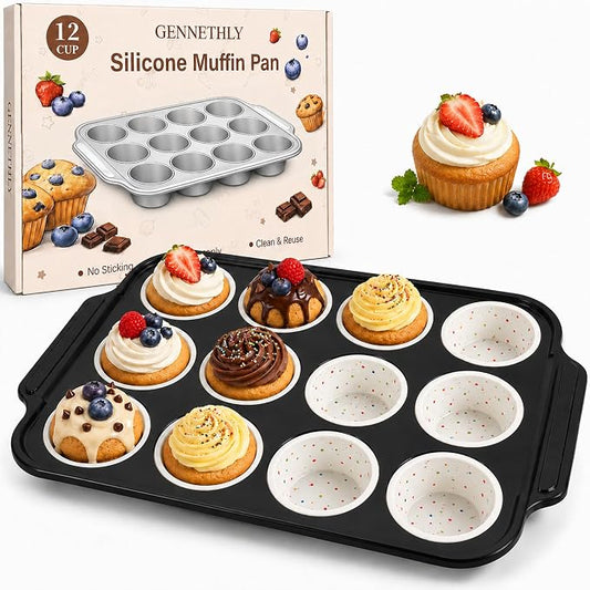 Silicone Muffin Pans for Baking with Metal Reinforced Frame, Muffin Tin Egg Bites Mold 12-Cup Regular Size, Nonstick Muffin Cups Tray Easy to Pop Cupcake Pan for Oven - White