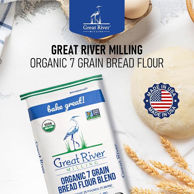 Great River Milling Organic 7 Grain Blend Bread Flour | Unbromated & Unbleached Flour | Non-GMO, Kosher | Stone Ground for Baking, Bread, Muffins & More | 25 Lb