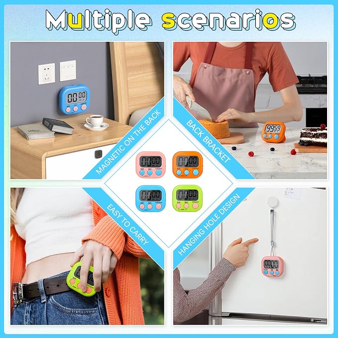 Mwellewm 24 Pcs Digital Timers for Classroom Kitchen Timers for Cooking Small Magnetic Stopwatch 6 Colors Mini Countdown Timer Loud Alarm Stop for Study Work Baking Sports Games Office Timer Clock