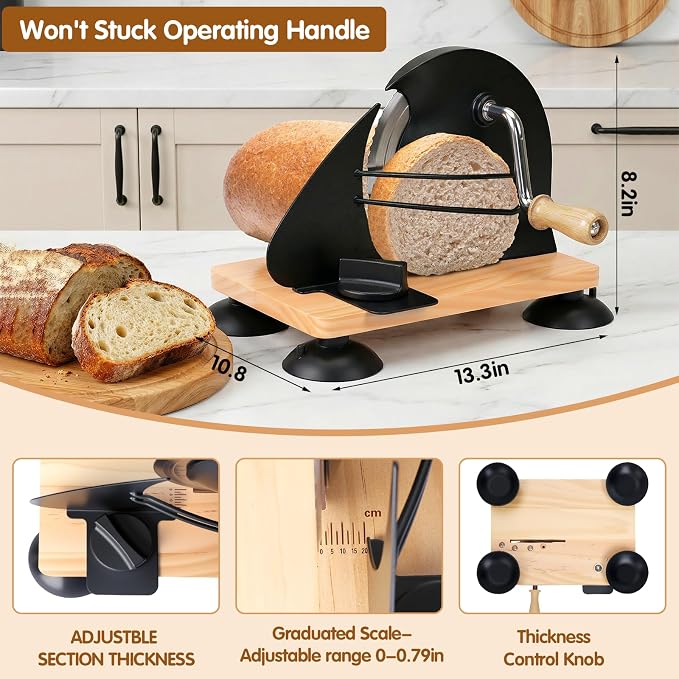 Manual Bread Slicer for Homemade Sourdough Bread, Adjustable Thickness & Evenly Slicing, Hand Crank Bread Slicer with Scale Line and Suction Cup, Serrated Blade Design, Patent Black