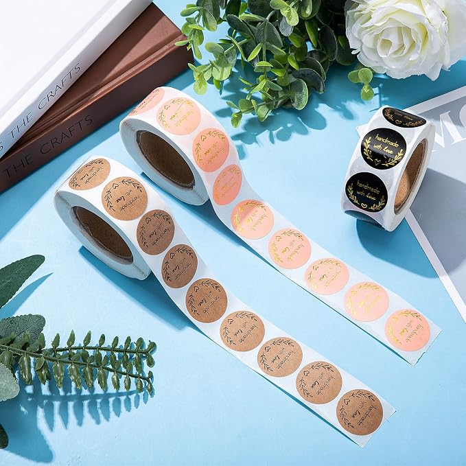 1500 Pieces 1 Inch Handmade with Love Stickers DIY Round Adhesive Labels Round Sealing Stickers Decorative Sticker Tags for Wedding Birthday Party Envelope Seals Baking Packaging Small Business