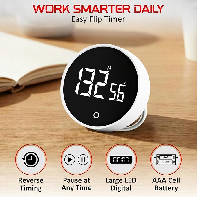 Digital Kitchen Timer, Magnetic Countdown Pomodoro Timer, Large LED Display, Rotary Twist Dial, Non Slip, Back Stand, Ideal for Cooking, Classroom, Study, ADHD, Productivity