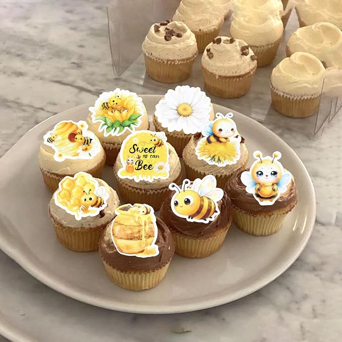 63 PCS Edible Bumble Bee Cupcake Toppers Wafer Paper Sunflower Bees Candy Oh Babee Cupcake Picks Edible Daisy Honey Bee Cake Decorations for Baby Shower Kids Birthday Party Cake Decorations Supplies
