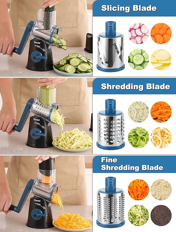 Geedel Rotary Cheese Grater Cheese Shredder - Upgraded 5-in-1 Cheese Grater with Handle and Strong Suction Base, Multi-purpose Vegetable Slicer Ice Shaver Nuts Grinder for Cheese, Vegetables, Ice